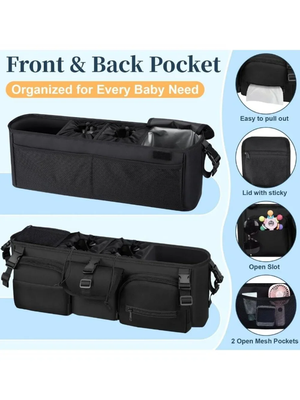 Double Stroller Organizer with Cooler Bag - Universal Fit for Double Strollers